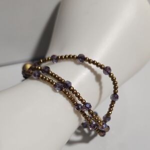 Purple Faceted Crystal and Gold-Toned Seed Bead Memory Wire Bracelet